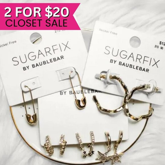 Baublebar Earrings Set 5 Pairs of Gold Hoops Huggies Safety Pin Star Earring Set - Picture 1 of 9